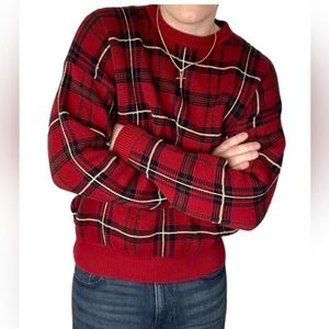 (M201)Vintage Woods & Gray  Red Green Black Tartan Plaid Crewneck Sweater Size L